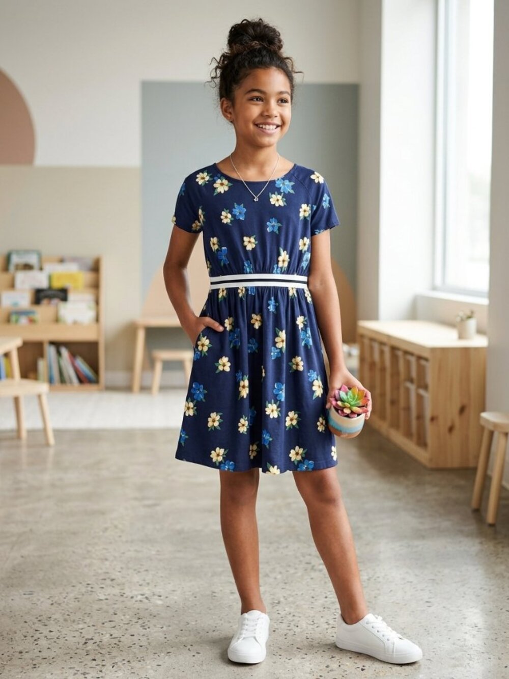 Old Navy Navy Floral Dress with Blue and Cream Flowers kids size L (10/12)
